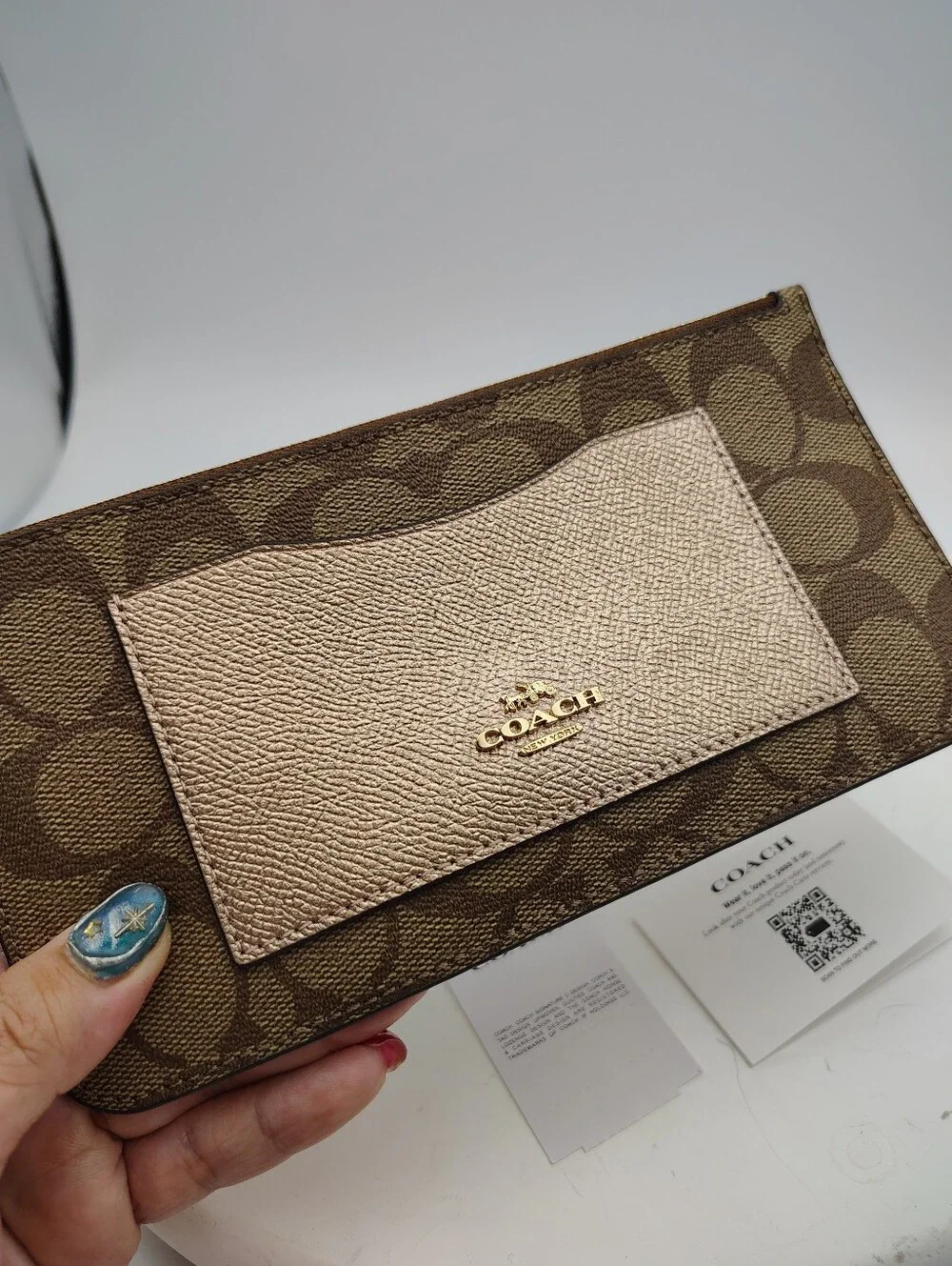 New Coach Brown Signature Wristlet with Metallic Rose Gold Card Pocket